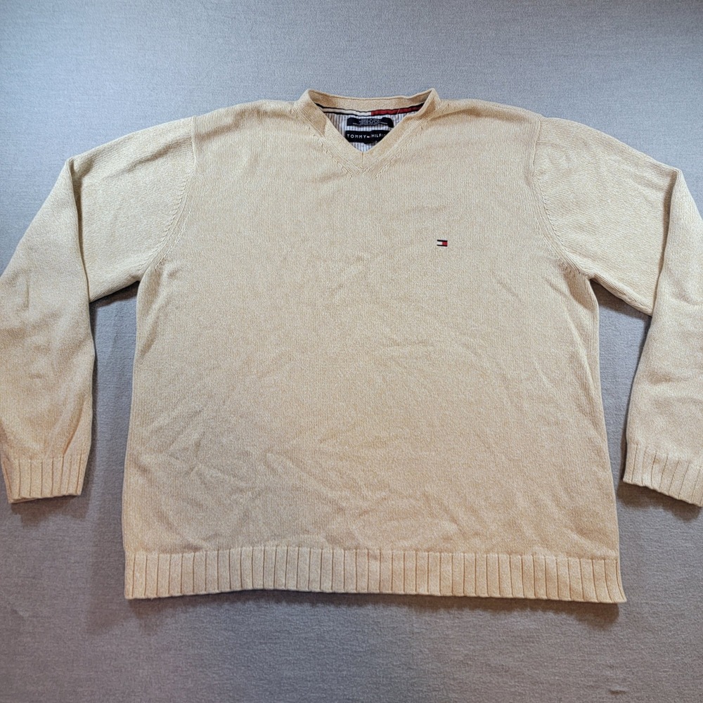 Tommy Hilfiger V-Neck Sweater Mens Large Yellow/Tan Excellent Cotton Knit Logo